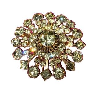 Huge Vintage Mid Century Yellow Rhinestone Starburst Dome Brooch